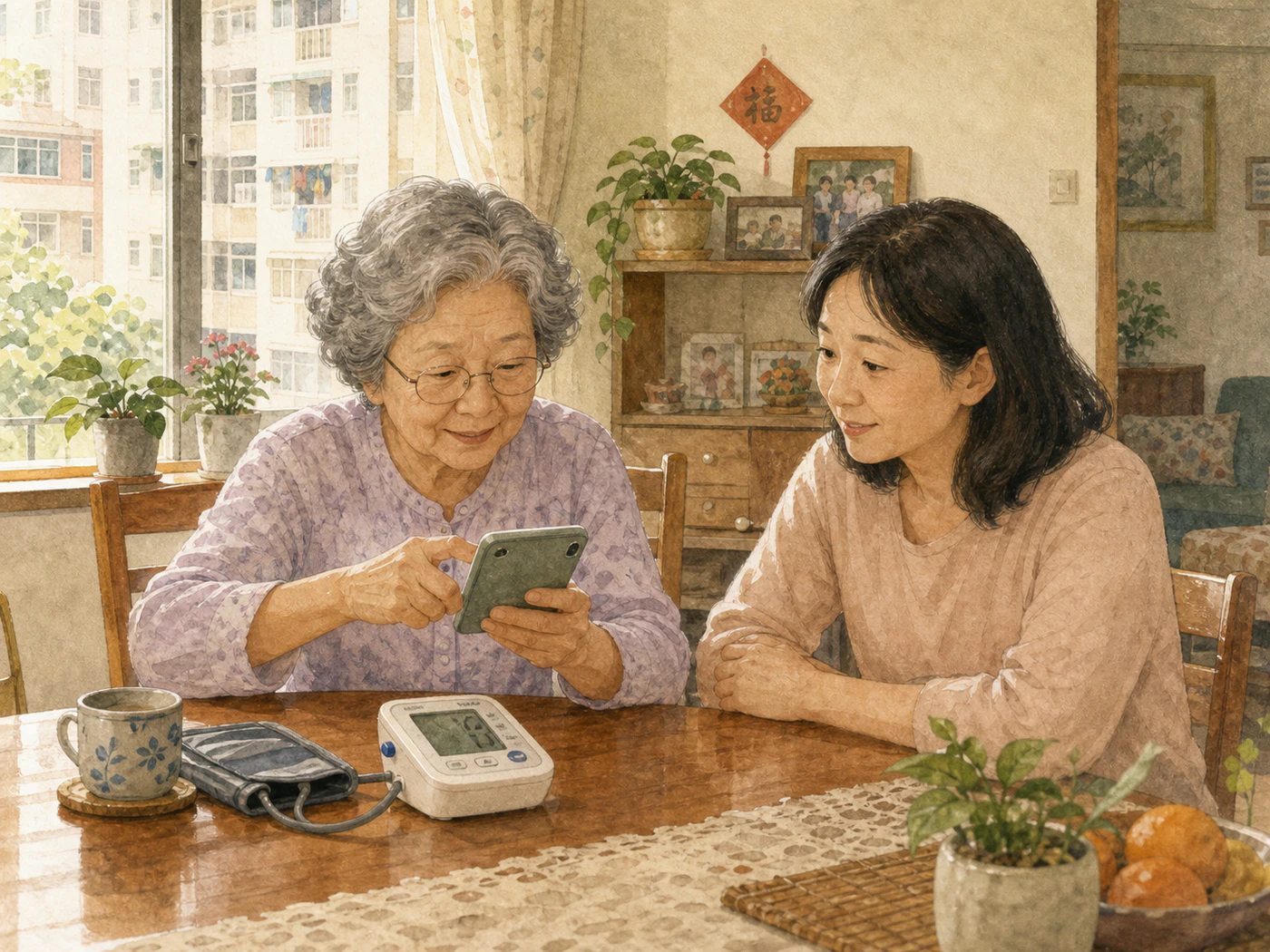 長者用手機拍攝血壓計數字,耆妙生活自動辨識並記錄。