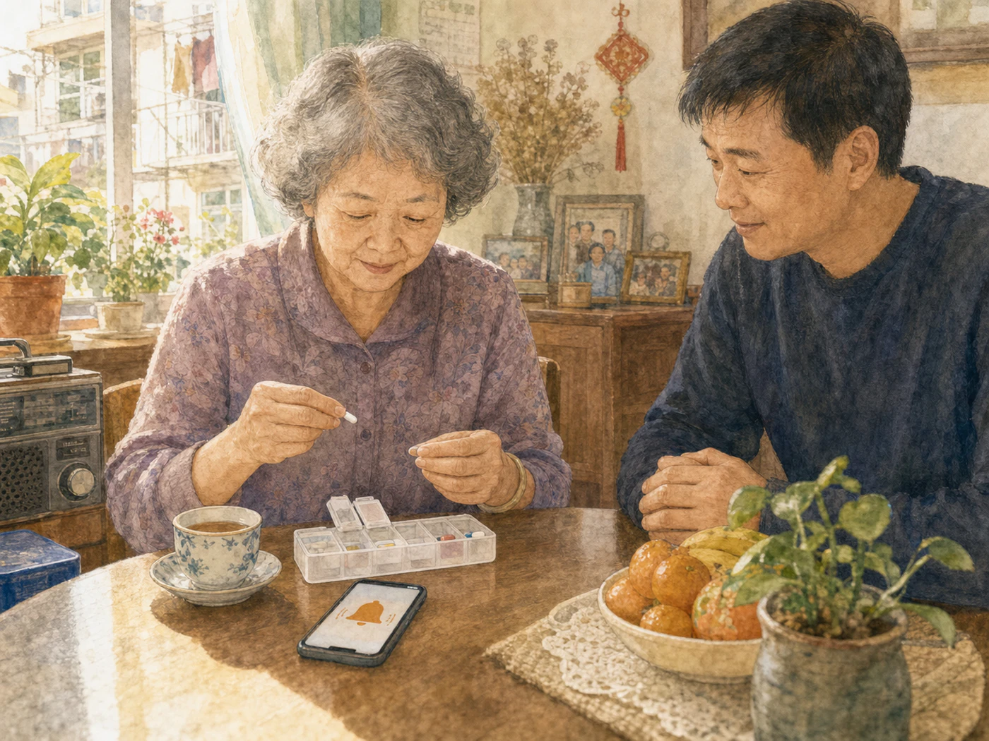 手機用大字顯示早餐後、午飯後、睡前藥物提醒。